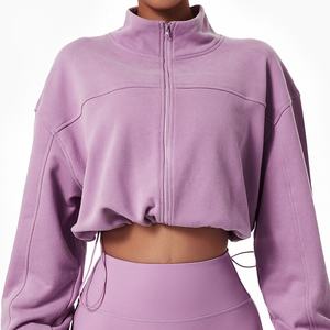 Women's Lime Green <b>Cropped</b> <b>Zip</b>-<b>Up</b> Sweatshirt Oversized Drop-Shoulder Fleece Full Sleeve Stand Collar Autumn Wear - Product Image 3