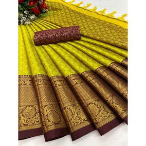 OCCASION SPÉCIALE AURA COTON SOIE SAREE AVEC BELLE COULEUR COLLECTION CITRON - Product Image 1