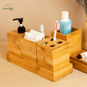Ensemble d'accessoires de salle de bain en bambou, organisateur en bambou pressé, rangement de luxe pour salles de bain modernes - Product Image 1