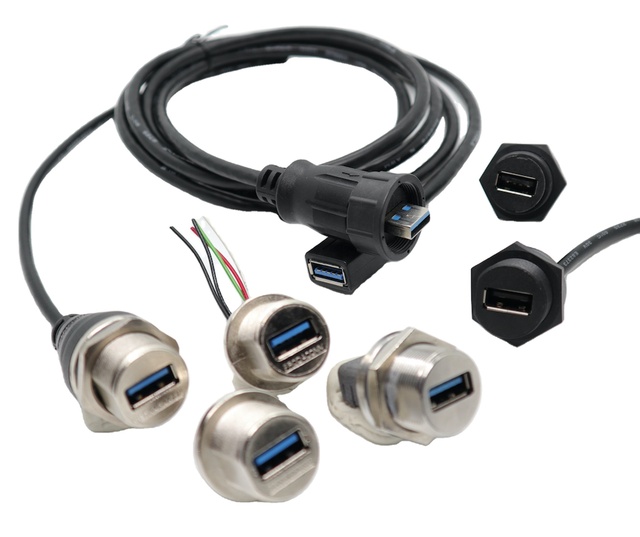 Industrial Waterproof Shielded USB 3.0/2.0 Mini Panel Mount IP67 Cable (1m-5m) Jack Plug Connectors 5 Gbps RoHS REACH Certified