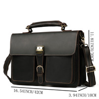 Sac rigide en cuir Crazy Horse pour hommes, sacoche vintage classique de grande capacité, porte-documents en cuir véritable avec fermeture à boucle pour ordinateur portable de 15 pouces