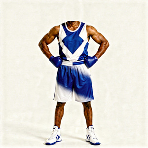 Conjunto de boxeo geométrico azul y blanco con guantes, ropa de entrenamiento de poliéster, pantalones cortos y top duraderos para todas las estaciones - Product Image 1