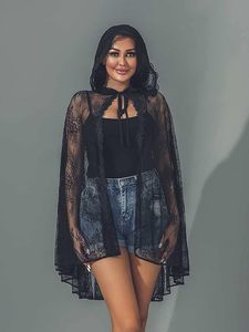Cape longue à capuche en dentelle noire, costume d'Halloween, cape de cosplay de longueur 3/4 pour femmes - Product Image 2