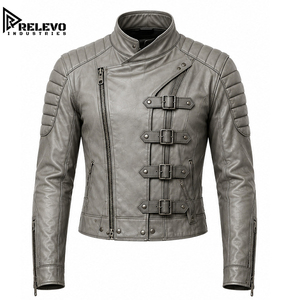 Premium Men's Slim Fit Black & White Leather <b>Biker</b> <b>Jacket</b>, Armor Style Coat with Perforated Front and Stand Collar Customized - Product Image 1