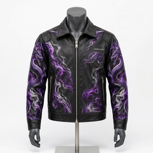 Veste en cuir pour homme, col rabattu, imprimé dragon noir et violet, fermeture éclair, style motard, vêtement d'extérieur, veste de mode haut de gamme personnalisée, vente en gros - Product Image 2