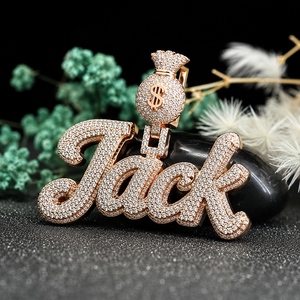 Colgante Personalizado con Nombre en Letras Cursivas, Chapado en Oro Rosa, con Bolsa de Dinero, Cristales de Imitación y Pedrería, Estilo Hip Hop - Product Image 4