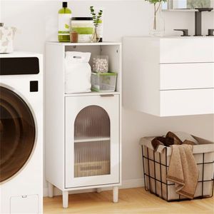 Mobiletto da Bagno in MDF Bianco con Anta Ondulata in Vetro Temperato, Ripiano Regolabile, Organizer Laterale e Dettagli in Metallo e Legno - Product Image 1