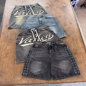 Men's Washed Denim <b>Shorts</b> Mid Waist Drawstring Street Style <b>Sequined</b> Letter Print 100% Cotton Canvas Fabric - Product Image 2