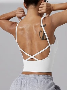 Women's Seamless Ribbed Sports Bra | Low-Back Criss-<b>Cross</b> Workout Tank <b>Top</b> | Spandex/Polyester White Gym Cami Removable Front - Product Image 4