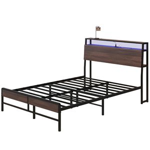 Letto matrimoniale in noce con luci LED e stazione di ricarica, testiera in legno massello silenziosa con contenitore - Product Image 1