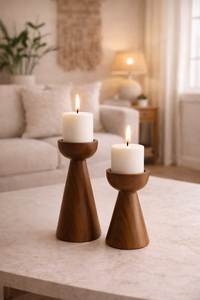 Porte-bougie pilier en bois massif, ensemble de supports ronds faits à la main pour bougies chauffe-plat, finition naturelle, décoration d'intérieur - Product Image 5