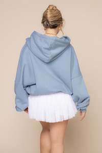 Sweat-shirt à capuche zippé oversize bleu clair uni, épaules tombantes, manches longues, grande taille, en polaire, veste décontractée streetwear pour femme - Product Image 2