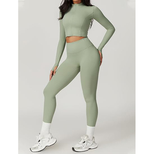 Conjunto Deportivo de Mujer de Alta Elasticidad y Suavidad, Leggings de Cintura Alta, Top Deportivo Corto, Chaqueta con Cierre y Orificios para Pulgares - Product Image 4