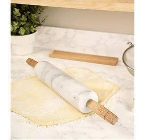 Rodillo de amasar de mármol pizarra con mangos de madera y soporte, ideal para masa de roti, pizza, galletas y repostería. Comprar en UF INTERNATIONAL - Product Image 4