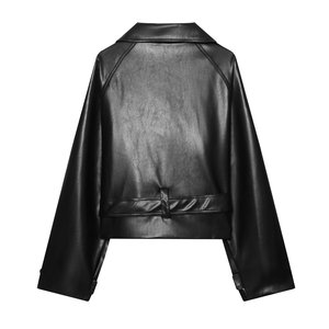 Gabardina de Cuero Sintético para Mujer, Cuello Vuelto, Manga Larga, Cinturón, Chaqueta Corta, Estilo Envolvente y con Lazo, Color Sólido, para Otoño - Product Image 3