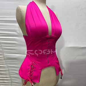 Top Corsé Premium Rosa Fucsia con Cuello Halter, Faja Reductora con Varillas de Acero y Detalle de Cordones - Bustier de Moda Personalizado OEM para Mujer - Product Image 4