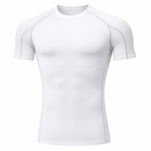 T-shirt de sport pour homme, blanc, manches courtes, séchage rapide, coupe ajustée, col rond, tricoté en polyester, couleur unie, design simple, pour fitness et gym - Product Image 1