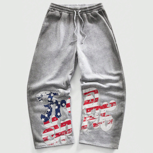 Gray Unisex Fleece <b>Trousers</b> <b>Elastic</b> <b>Waist</b> Drawstring Canvas Breathable Vintage High Street Overalls Print Letter Decor Winter - Product Image 1