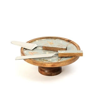 Support à gâteau en bois avec motif floral, fait main, non toxique, ensemble de présentation de desserts, 2 pièces, lavage à la main uniquement - Product Image 4