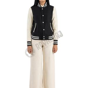 Veste universitaire noire pour femmes Veste de style baseball classique Vêtements d'extérieur sportifs décontractés en laine et manches en cuir Veste universitaire - Product Image 4