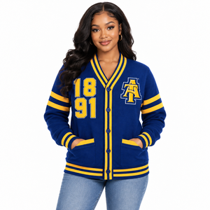 Wholesale Custom NC A&T State University Varsity <b>Cardigan</b> Sweater Embroidered College Letterman <b>Button</b> Up Private Label - Product Image 3