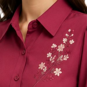 Ensemble chemisier et jupe longue brodés pour femme, bordeaux et rose poudré, manches longues, boutonnage, taille haute, tenue modeste deux pièces - Product Image 6
