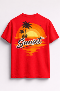 Camiseta Gráfica Roja Oversize para Hombre, Estampado de Atardeceres y Playa, Algodón, Estilo Urbano, Casual, Holgada, con Logo Personalizado - Product Image 3