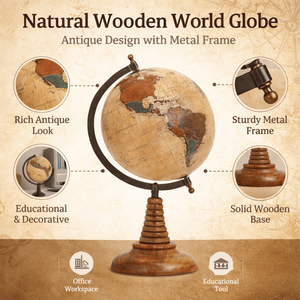 Globo Terráqueo de Madera Natural con Diseño Antiguo y Marco Metálico |   Decoración de Escritorio Educativa de Geografía para el Hogar, Oficina y Escuela - Product Image 6