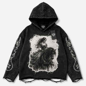 Custom Mens Oversized Acid Wash Graphic <b>Hoodie</b> Vintage Gothic <b>Horse</b> Rider Print Distressed Streetwear Pullover Sweatshirt - Product Image 4