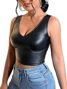 Nouveau débardeur court sans manches en cuir PU pour femme, col en V, coupe ajustée, style décontracté, streetwear, clubwear, prêt à être expédié - Product Image 1