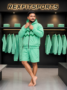 REXFIT SPORTS 2026 Ensemble short et veste coupe-vent à capuche zippée intégrale en nylon vert menthe pour homme avec empiècements ondulés, vêtements de sport personnalisés - Product Image 6