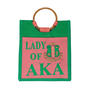กระเป๋าผ้าปอกระเจาสีชมพูและสีเขียวลาย Lady of AKA Sorority พร้อมหูหิ้วไม้ธรรมชาติ กระเป๋าช้อปปิ้งนำกลับมาใช้ใหม่ได้ กระเป๋าของขวัญ กระเป๋าแฟชั่น - Product Image 4
