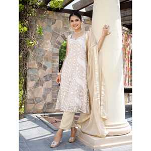 ชุดเซ็ตสูท Vaani XS สีเบจ ผ้าจอร์เจตต์ ปักลายชิกันการี สำหรับผู้หญิง ระบายอากาศได้ดี ผ้าชีฟองเก๋ไก๋ ลายพิมพ์เพสลีย์สไตล์วินเทจ ความยาวระดับข้อเท้า ชุดฤดูร้อนสไตล์ชาติพันธุ์ - Product Image 1