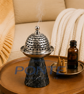 Natural Black Marble Base <b>Bakhoor</b> Burner Metal <b>Oud</b> Incense Censer With Intricate Jaali Lid For Home Hotel Ramadan Decor - Product Image 6