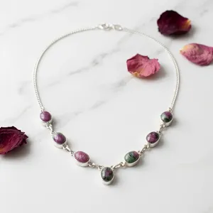 Collar de Plata de Ley 925 con Rubí Zoisita, Joyería de Piedras Preciosas Ovaladas Hechas a Mano, Engastadas en Bisel, para Mujer, Estilo Vintage - Product Image 3