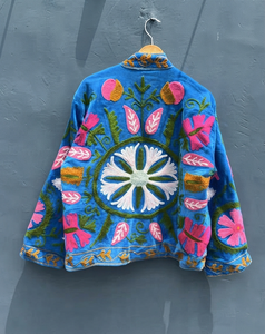 Wholesale <b>Women</b> Blue Velvet Jacket Hand Embroidered Vintage Ethnic Boho Open Front <b>Coat</b> Short Casual Winter Outerwear - Product Image 2