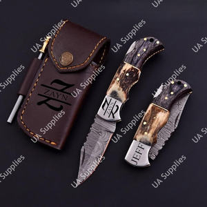 Cuchillo Plegable de Acero de Damasco Hecho a Mano de Grado Industrial con Mango de Cuerno de Ciervo y Madera, Punta Caída, para Acampada al Aire Libre y Uso Diario (EDC) - Product Image 4