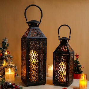Vintage <b>Black</b> Metal Candle <b>Lantern</b> Set Moroccan Style Cutout Pillar Holder Decorative Tabletop <b>Lantern</b> for Home and Event Decor - Product Image 3