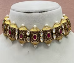 Ensemble de bijoux de mariée de luxe antique de qualité supérieure en or et rubis, collier ras-de-cou et boucles d'oreilles traditionnels, pour anniversaire de mariage - Product Image 2