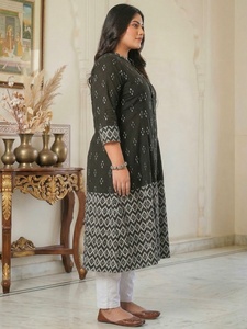 Women's <b>Plus</b> <b>Size</b> Cotton A LINE Kurta Black Ikat Printed Mandarin Collar Three Quarter Sleeves Comfortable Daily Wear - Product Image 4