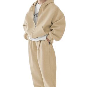 Nueva llegada 100% algodón de gran tamaño de los hombres chándal impreso gota hombro sudor traje doble cremallera Color liso ropa de calle para el invierno - Product Image 6