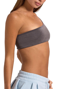Soutien-gorge de sport asymétrique côtelé à une épaule pour femme, couleur unie, maintien moyen, sans coutures, gris - Product Image 3