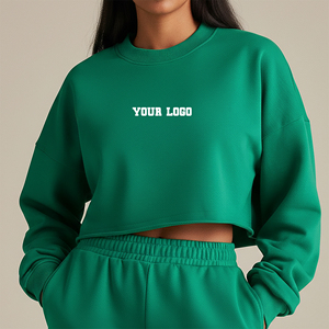 เสื้อครอปท็อปผ้าฝ้ายเฟรนช์เทอร์รี่ 100% แบบ OEM/ODM คอกลมสำหรับผู้หญิง พิมพ์โลโก้แบบพัฟตามสั่ง เสื้อสเวตเชิร์ตน้ำหนักเบา ระบายอากาศได้ดี - Product Image 1