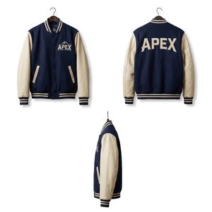 Veste de style universitaire personnalisée en bleu marine et crème, corps en laine, manches contrastées, design brodé - Product Image 5