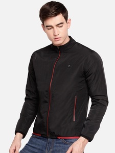 Chaqueta Bomber Negra para Hombre, Cortavientos, Cuello Alto, Cierre de Cremallera Frontal, Color Sólido, Corte Ajustado, para Otoño, Material de Poliéster - Product Image 2