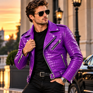 <b>Men's</b> <b>Purple</b> Genuine Leather Embossed Biker Jacket with Silk Lining Breathable Stand Collar Zipper Closure Winter Ready - Product Image 6