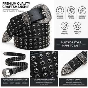 Ceinture vintage cloutée en cuir véritable à 100 %, boucle ardillon style western, sangle noire décorative à rivets pour tenues décontractées, de soirée ou de motard - Product Image 1