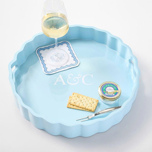 Premium Blue Scalloped Lacquer Serving <b>Tray</b>, Luxury Customized Wooden <b>Vanity</b> <b>Tray</b> for Home and Bar Decor - Product Image 2