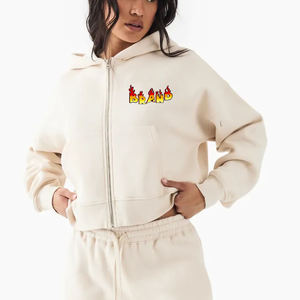 Sudadera con capucha cremosa para mujer de talla grande con cremallera y estampado de logo de llama, estilo casual para otoño, de manga larga y longitud corta, de punto de algodón. - Product Image 4