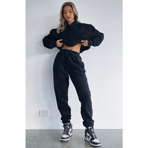 Custom Streetwear Sweatsuit Cut <b>Sew</b> Applique Distressed Embroidery Patch Cropped Hoodie and Sweatpants <b>Set</b> Tracksuits for Women - Product Image 2